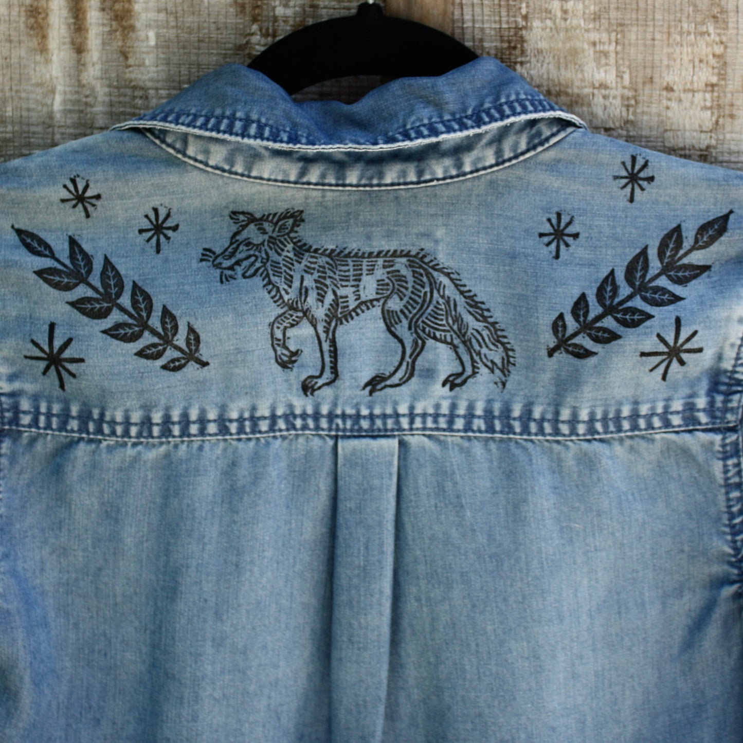 wolf denim button up